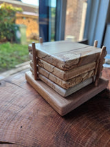 TXTRENDING Onderzetter Set Beukenhouten –4 Stuks met Houder,Mat Gelakt