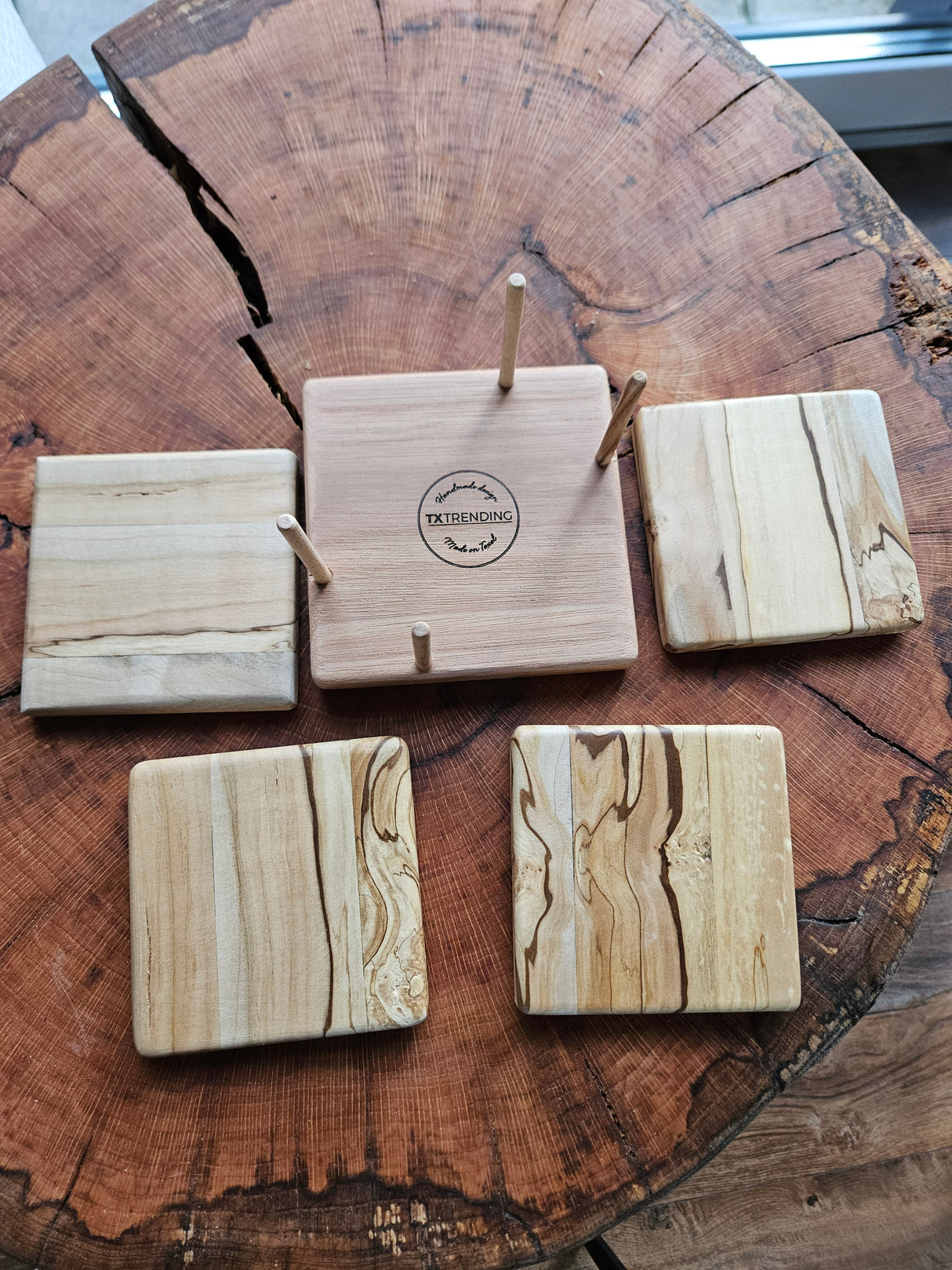 TXTRENDING Onderzetter Set Beukenhouten –4 Stuks met Houder,Mat Gelakt