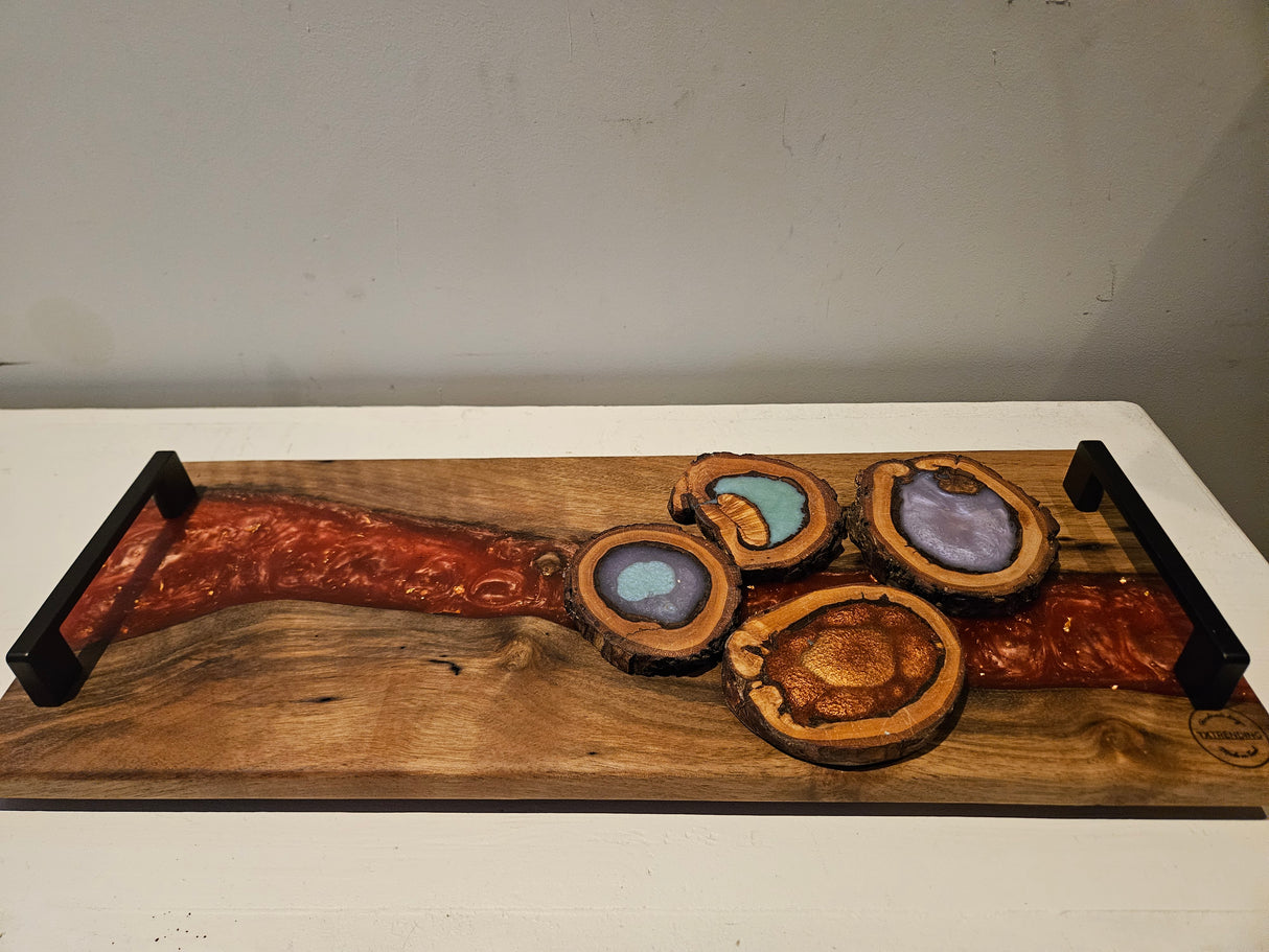 TXTRENDING Serveerplank met Onderzetters – Hout & Epoxy – Set van 5 – 51×20 cm – Handgemaakt