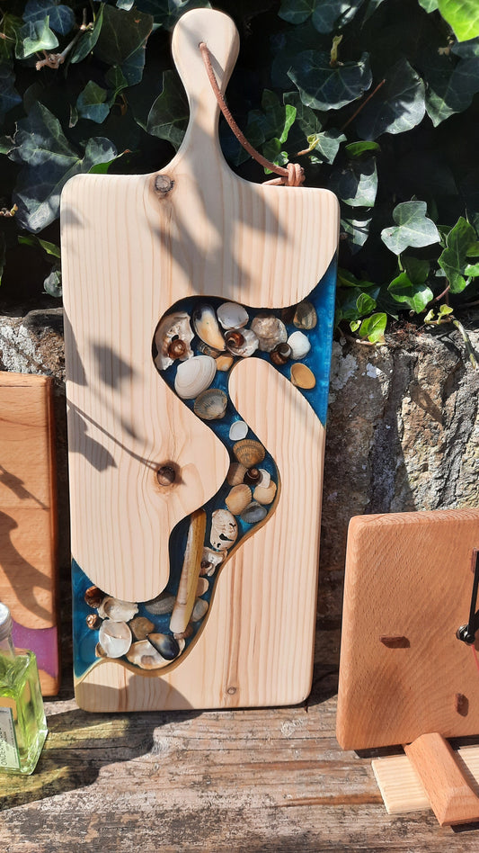 🐚Grenenhouten Serveerplank (DE JUTTER 2) met Epoxy & Schelpen 50×19 cm