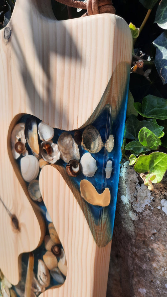 🐚Grenenhouten Serveerplank (DE JUTTER 2) met Epoxy & Schelpen 50×19 cm