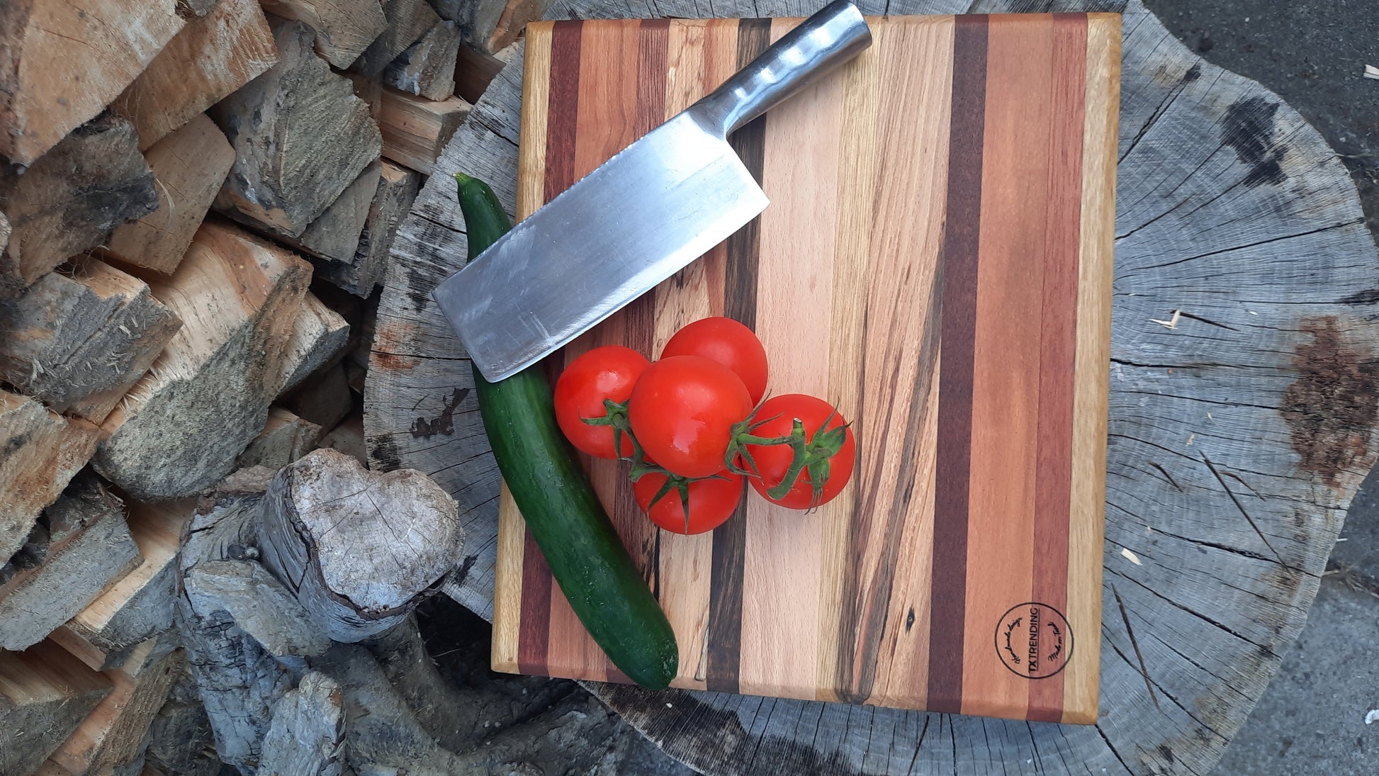 Eiken–Beuken–Mahonie serveerplank & Mahonie 38x34x4 cm – Handgemaak