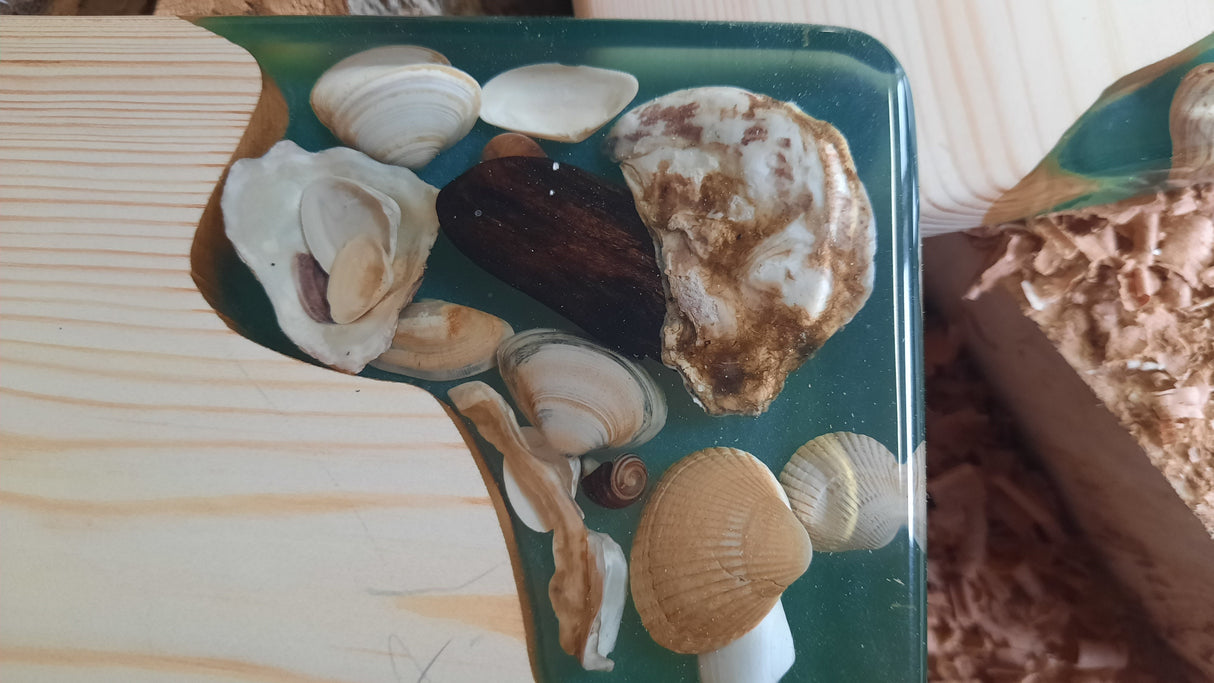 Grene hout serveerplank DE JUTTER 1 – Epoxy & Schelpen | 50×19×2,5 cm