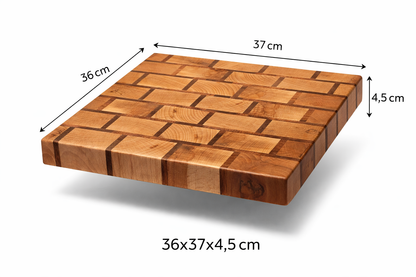 🔪 TXTRENDING Snijplank – Kopshout Beuken & Afrikaans Hardhout | 36×37×4,5 cm | Handgemaakt in Nederland (referentie 25)
