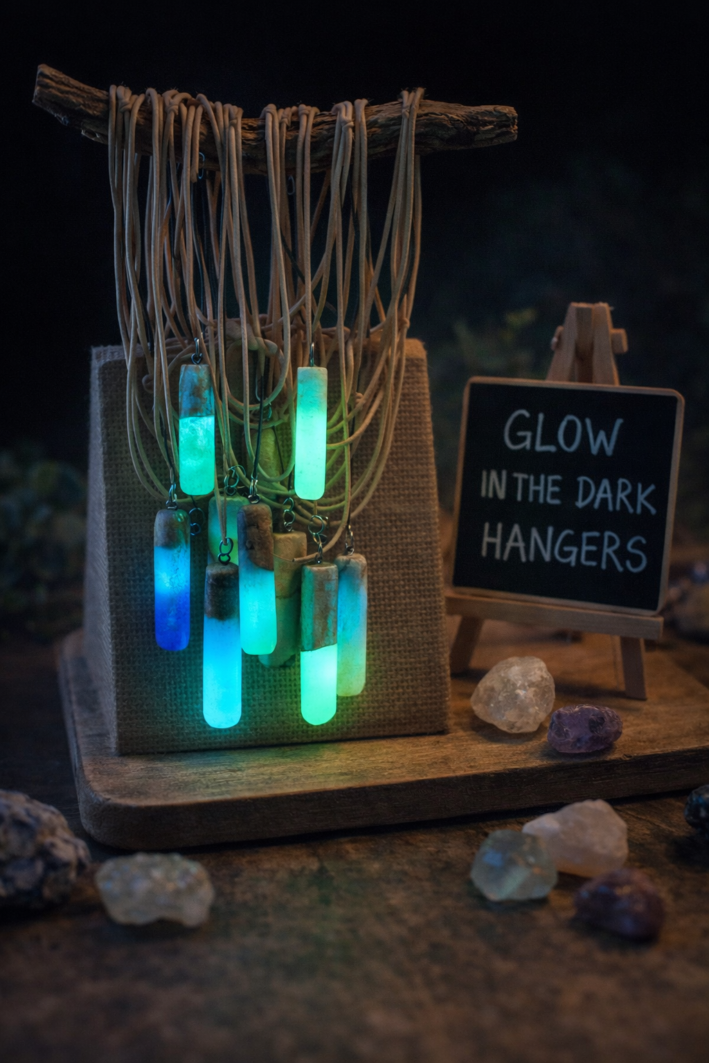 Glow in the Dark Hanger – Handgemaakt van Kastanjehout, Notenhout & Olijfhout – Epoxy Turquoise – Uniek & Ambachtelijk