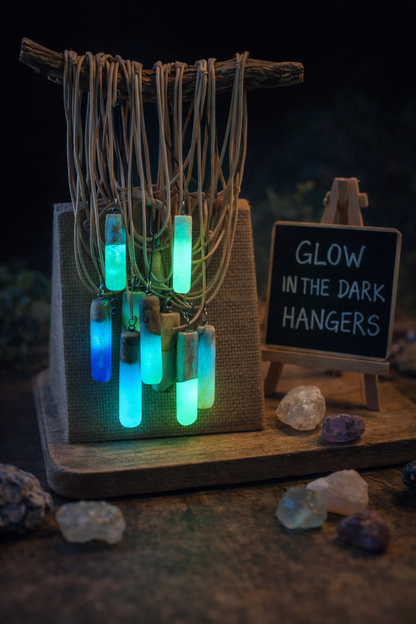 Glow in the Dark Hanger – Handgemaakt van Kastanjehout, Notenhout & Olijfhout – Epoxy Turquoise – Uniek & Ambachtelijk