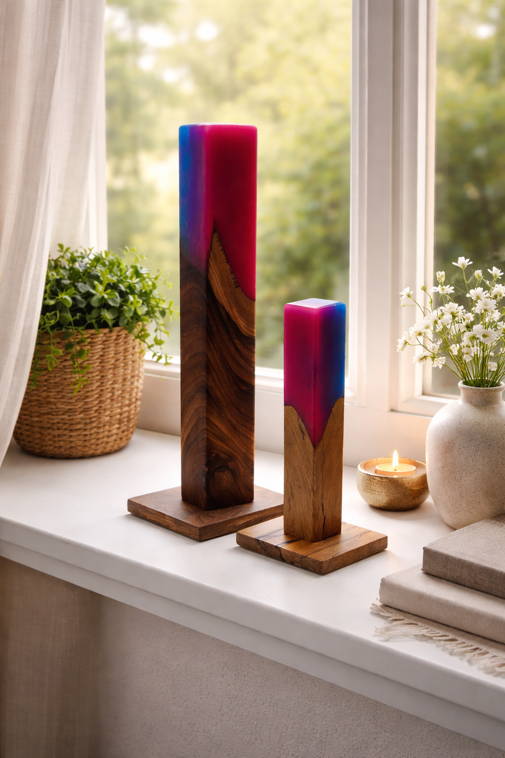 TX trending Decoratieve Houten Sculpturen met Epoxy – Glow in the Dark – Set van 2 – 52 & 35 cm – Handgemaakt