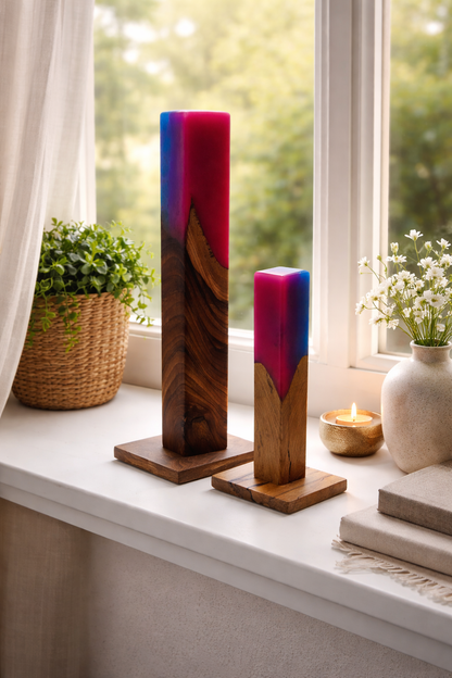 TX trending Decoratieve Houten Sculpturen met Epoxy – Glow in the Dark – Set van 2 – 52 & 35 cm – Handgemaakt