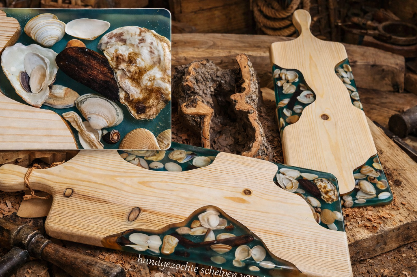 Grenen hout serveerplank Borrelplank Juttersplank (DE JUTTER 1) – Epoxy & Schelpen | 50×19×2,5 cm Handgemaakt ambacht