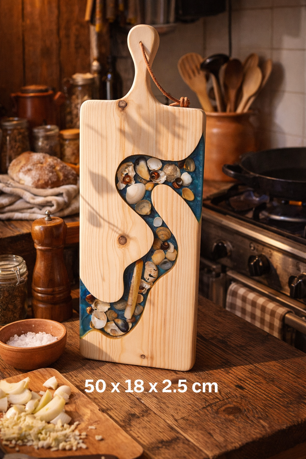 🐚 Grenenhouten Serveerplank Jutersplank(DE JUTTER 2) met Epoxy & Schelpen | 50×19×2,5 cm Handgemaakt ambacht