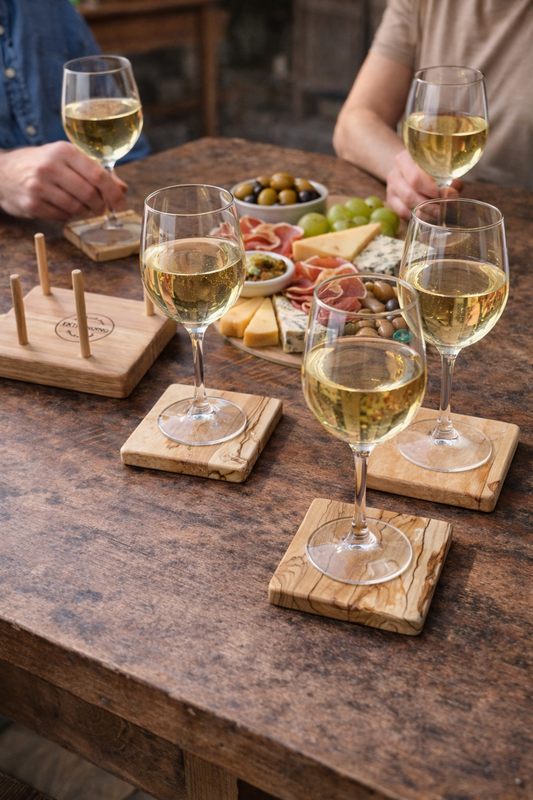 🪵 TXTRENDING Onderzetter Set – Beukenhout met Slaap | 10×10 cm | Set van 4 + Houder | Mat Gelakt