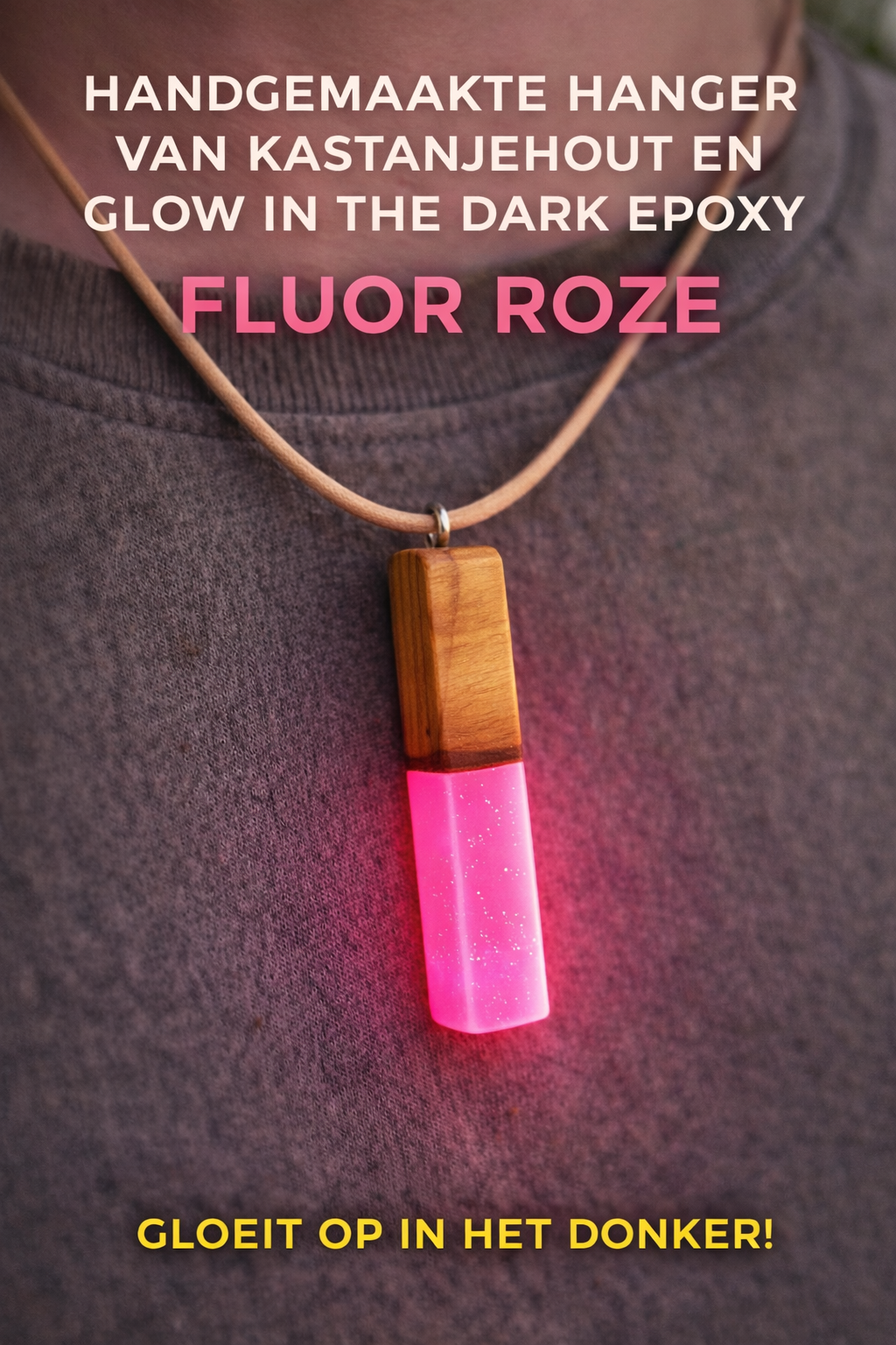 Glow in the Dark Hanger – Handgemaakt van Kastanjehout, Notenhout & Olijfhout – Epoxy Fluor Roze – Uniek & Ambachtelijk
