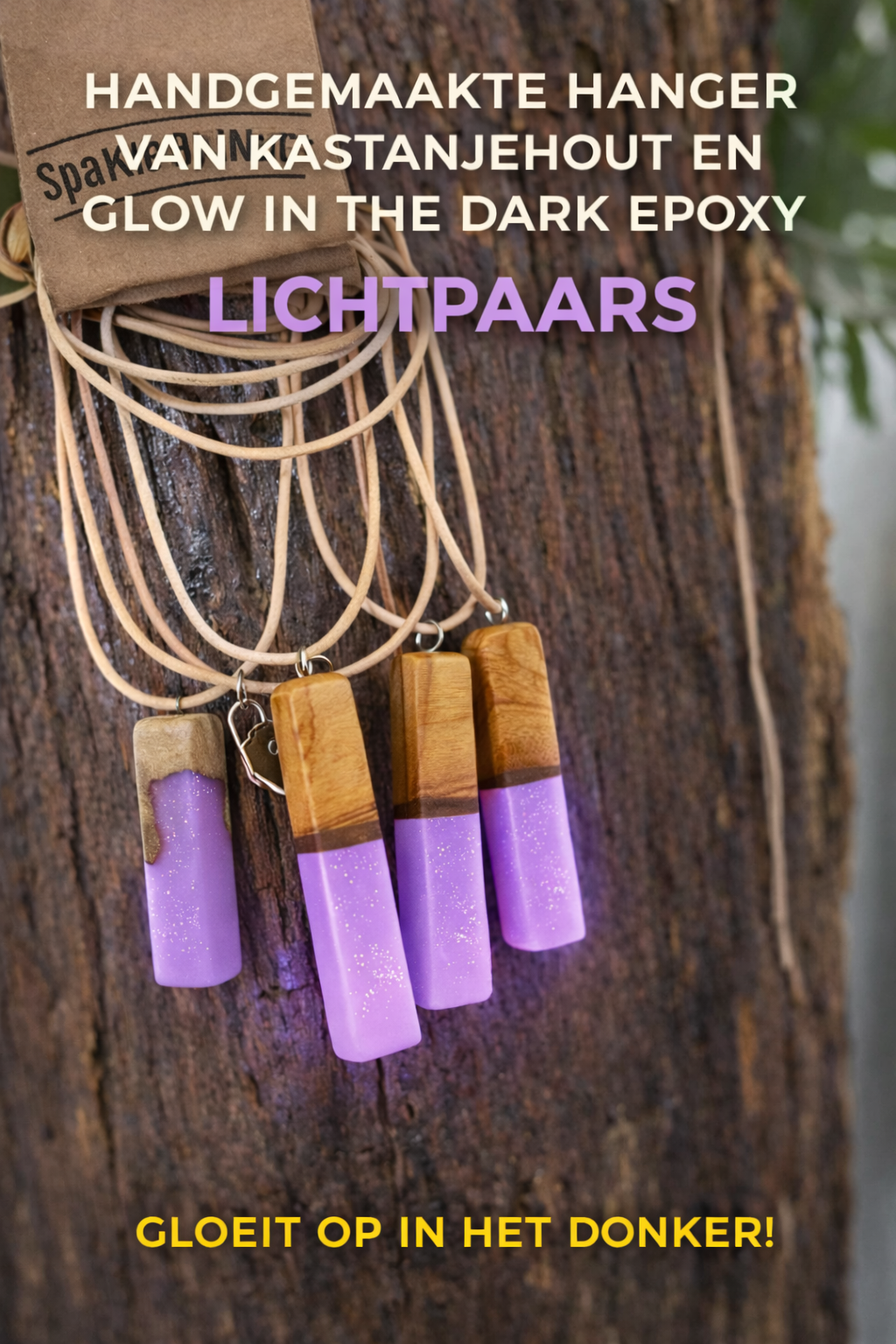 Glow in the Dark Hanger – Handgemaakt van Kastanjehout, Notenhout & Olijfhout – Epoxy Lichtpaars – Uniek & Ambachtelijk