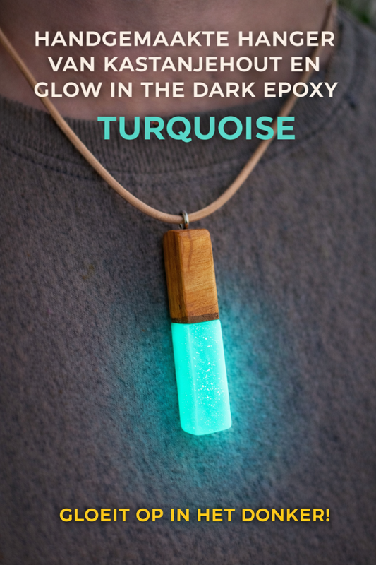 Glow in the Dark Hanger – Handgemaakt van Kastanjehout, Notenhout & Olijfhout – Epoxy Turquoise – Uniek & Ambachtelijk